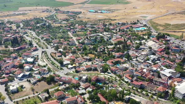 aerial view of the residential area of Pamukkale town in turkey on a sunny summer day alt