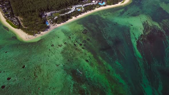 Aerial view of coral reefs off Lemorne Brabant in Mauritius. alt