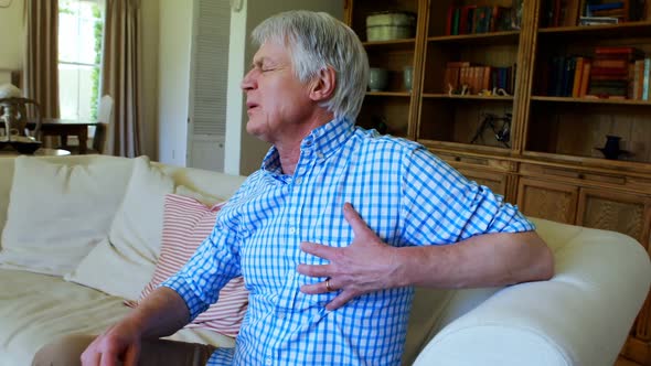 Senior man suffering from chest pain in living room alt