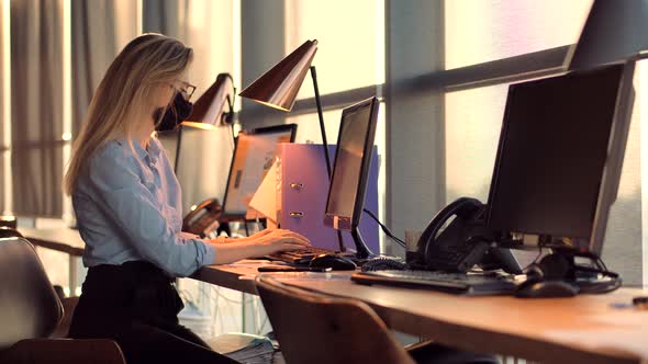 Distance Working Webcam. Businesswoman In Mask Protection Epidemic Coronavirus Covid19. alt