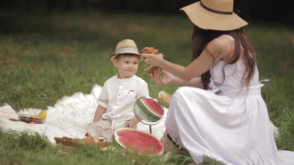 Young Beautiful Woman Give a Bun To Her Child at a Picnic in the Park in the Summer