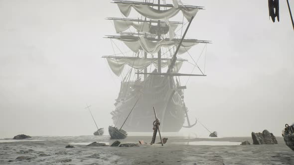 A Medieval Ship Docked On A Misty Shore