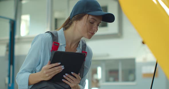 Female Car Mechanic Using a Digital Tablet While Doing Routine Maintenance Check-up on a Car in a alt