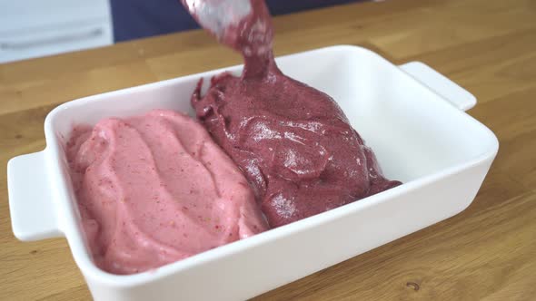 the Chef Puts Three Flavors of Whipped Ice Cream in a Bowl alt