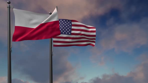 Poland Flag Waving Along With The National Flag Of The USA - 4K alt