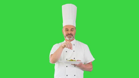 Chef Garnishing His Salad and Looking To Camera Smiling on a Green Screen Chroma Key alt