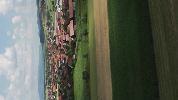 Vertical flyover above houses and farmland around Delnita, Romania alt