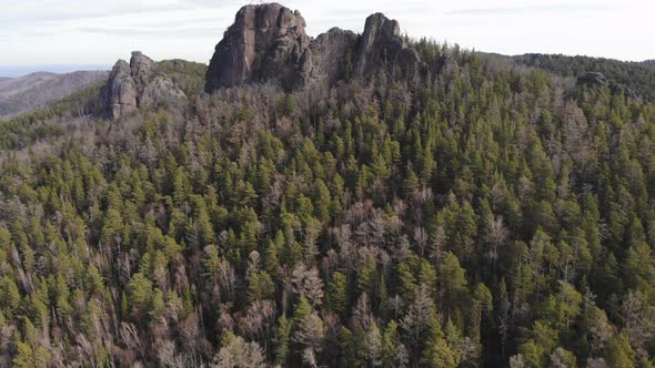 Aerial Shot of Rocks and Forest in the Siberian Natural Park Stolby.
