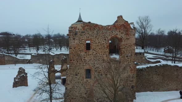 Ruins of Ancient Livonian Order's Stone Medieval Castle Latvia Aerial Drone Top Shot  alt