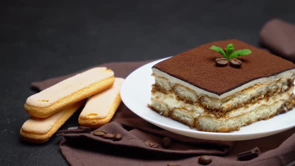 Portion of Traditional Italian Tiramisu dessert and savoiardi cookies alt