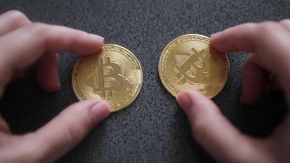 Female Hands Show Two Gold Bitcoin Coins on the Table Close Up