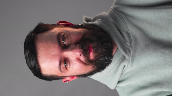 Slow Motion Portrait of Sexy Bearded Man Moving His Eyebrows
