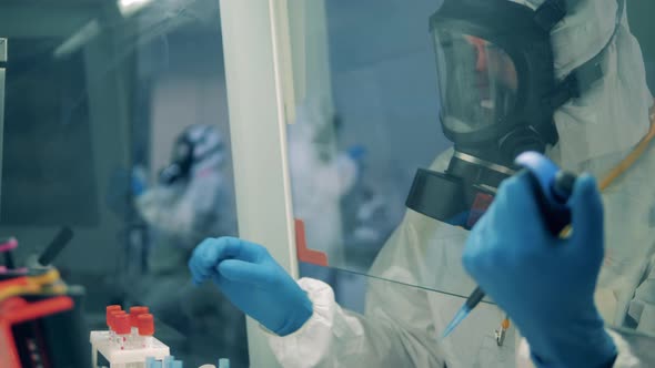 Male Worker Uses Pipette While Developing a Vaccine in Laboratory. alt