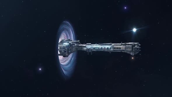 Large Spaceship Leaving a Wormhole