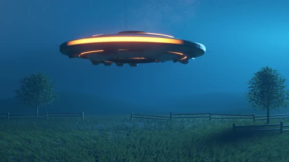 Flying saucer brings back abducted cows throwing them on the grassy meadow. 4K alt