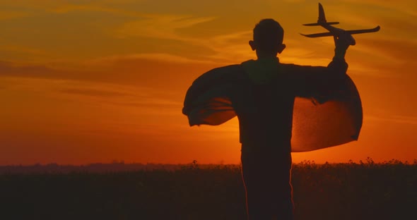 A Boy Is Running Across a Field with a Plane in His Hand. Sunset.  alt