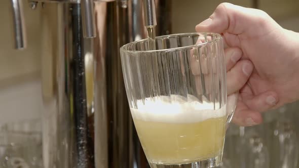 Man Is Filling Glass Cup By Beer From Tap in Bar, Close-up View
