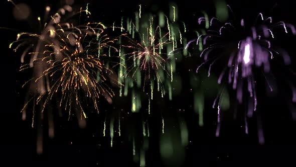 Multicolor Defocused Sparkling Fireworks Display with Reveal, Loop and Matte