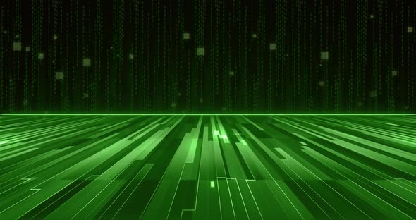 Cyberspace landscape with binary code on the background. Abstract matrix style. 3D animation alt