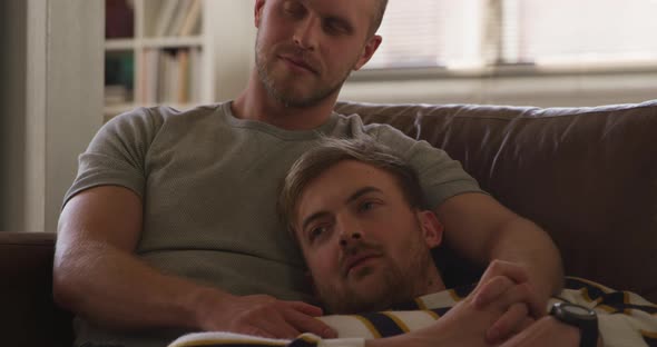 Caucasian male couple in social distancing in their sofa at home alt