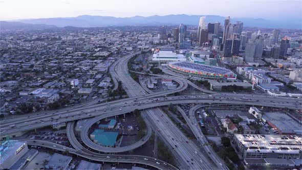 Downtown Los Angeles as seen from a helicopter at dusk