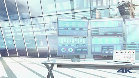 Panoramic Shot Of An Office With A Trader's Workplace 4K alt