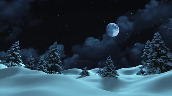The moon is shining, it is snowing in the forest for Christmas or New Year.