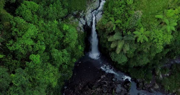 Drone shot of idyllic waterfall in jungle with trees and grass in the morning - Kedung Kayang Waterf alt
