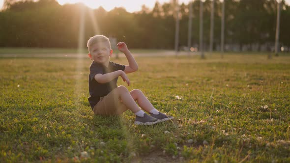 Smiling Boy Waves Off Insects Swarm on Lawn at Sunset alt