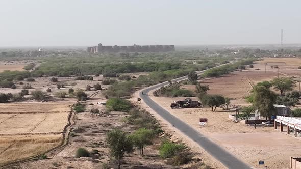 Aerial shot of Derawar fort and street view.  Aerial shot Derawar fort Bahawalpur. alt