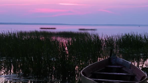 Sunset Nature, Dark Grass and Boat