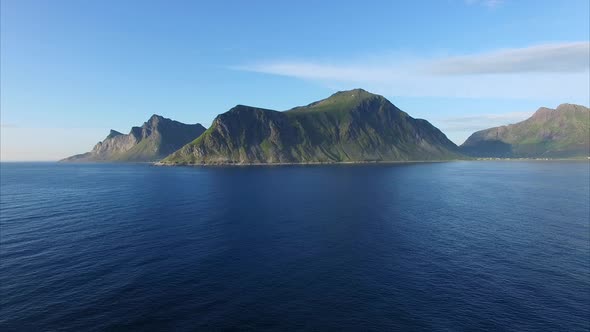 Aerial footage of scenic Lofoten coastline in Norway