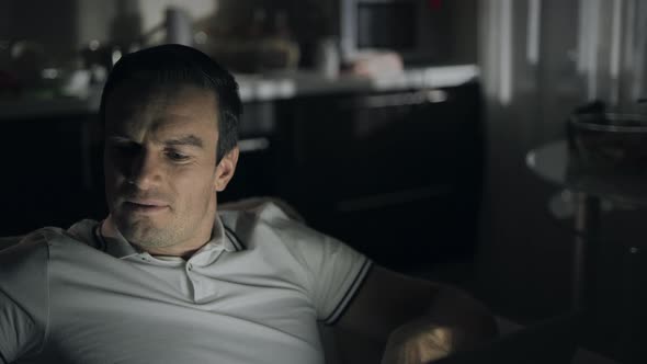 Closeup Smiling Man Having Phone Talk at Late Night alt