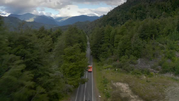 Aerial Road and Tall Forest, Puerto Varas, Chile, South America