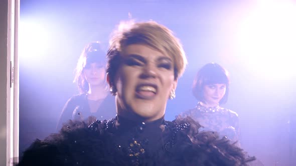 Angry scream bisexual transvestite woman. Agressive transgender man shout people alt