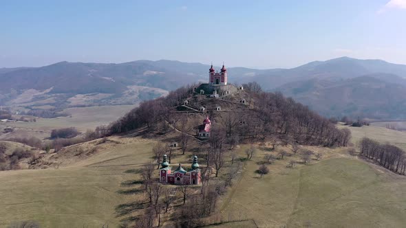 Aerial view of Calvary in Banska Stiavnica, Slovakia alt