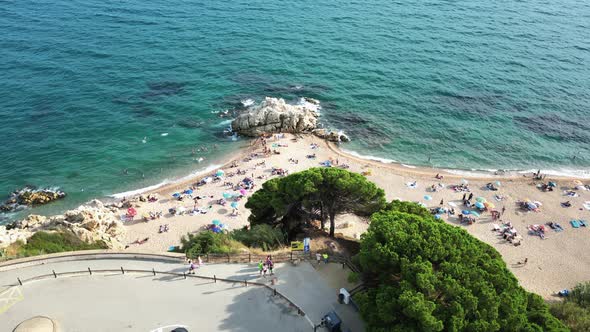 Aerial View of Cala Roca Grossa Beach in Calella Province Catalonia Spain alt