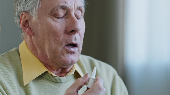 Closeup Sick Old Caucasian 60s Man Suffering From Seasonal Allergy Respiratory Virus Sneeze Runny alt