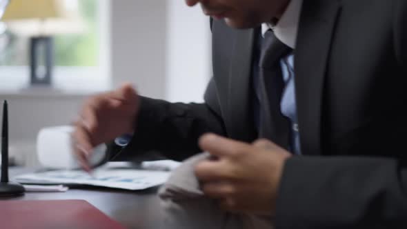 Closeup of Careless Exhausted African American Man Sleeping on Laptop Putting Pillow Under Head alt