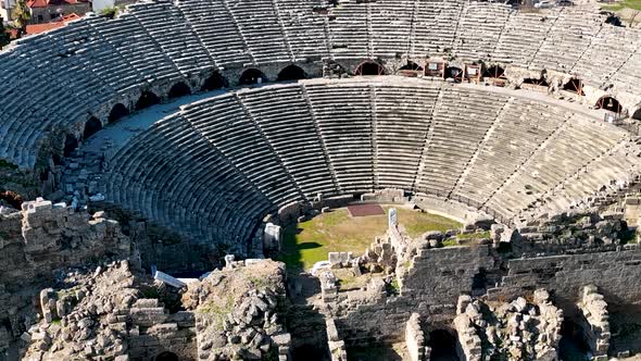 Aerial Footage of the Antique Theater 4 K . Side, Turkey alt