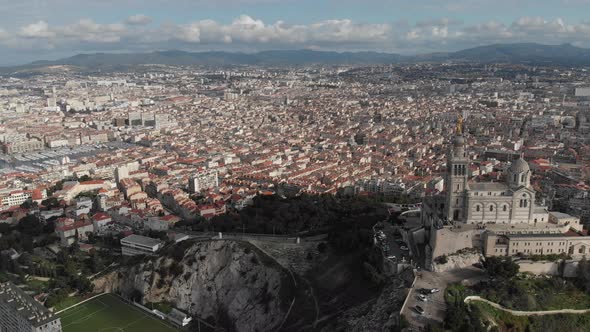 Aerial view of the basilica Notre Dame de la Garde in Marseille. France 2020 alt