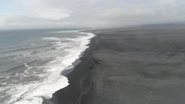 Aerial view  of Black sand shoreline beach in  Iceland