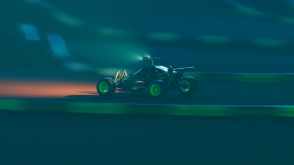 RC Car race on the sandy track. Loopable animation of a miniature model of buggy alt