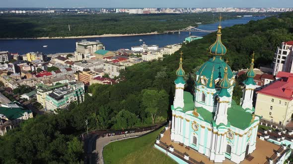 The Kyiv City Podil District Aerial Panorama View