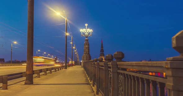 Night Riga City Timelapse Lights Bridge Daugava River