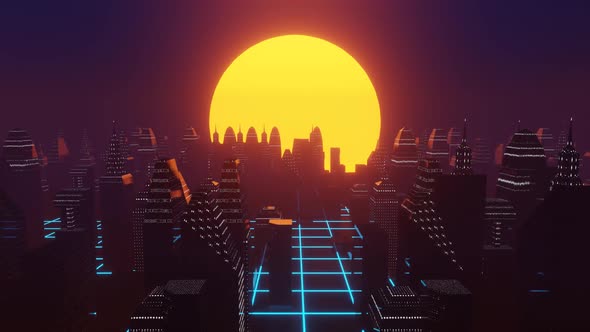 Sci-fi abstract city landscape during sunset looped