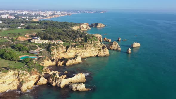 Aerial View of Beautiful Portuguese Beaches with Rocky Sandy Shores and Pure Sand for Tourists alt