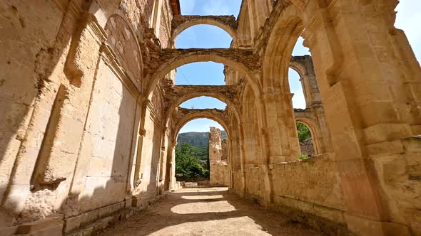 POV Walking Inside Cloister Ruins of an Ancient Abandoned Monastery Santa Maria De Rioseco, in