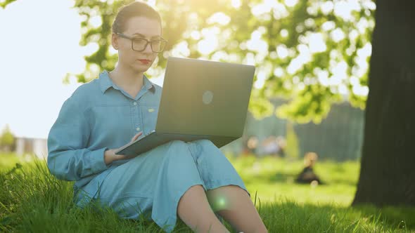 Busy Attractive Woman Working at the Laptop As Sitting on Grass in City Park at Sunset alt