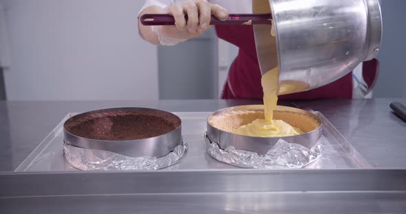 Professional Pastry Chef Pouring Melted Chocolate on Cake